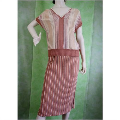 Vintage 1970 1980 Gold Cream Copper Knit Top Skirt Suit Size 12 14 uk Womens