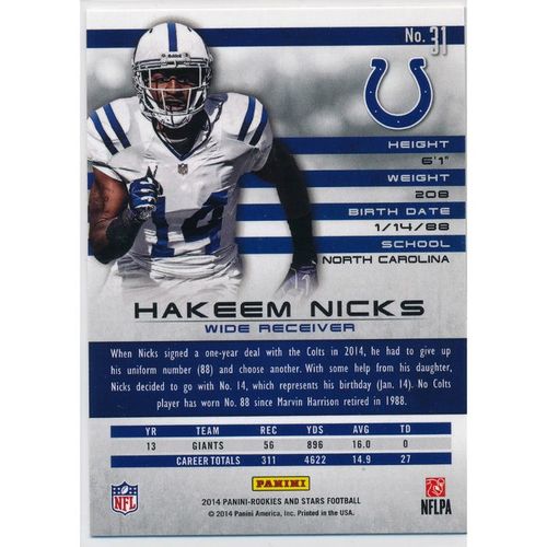 2014 Panini Rookies & Stars #31 Hakeem Nicks Indianapolis Colts