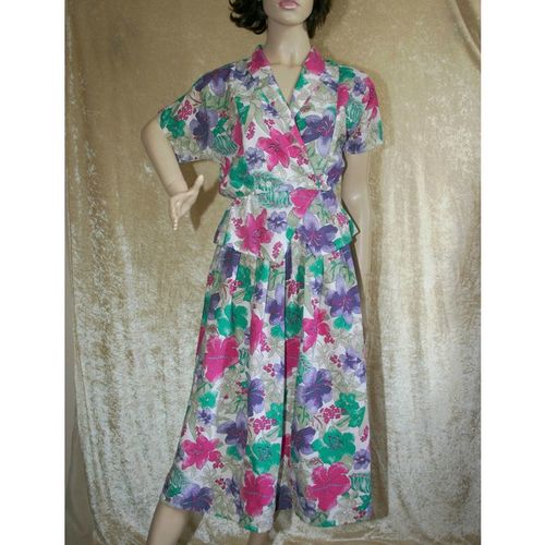 Vintage 1980 Bold Floral Peplum Jacket Skirt Suit Size 10