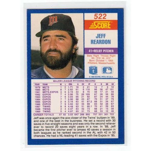 1990 Score Jeff Reardon baseball card #522 – Twins