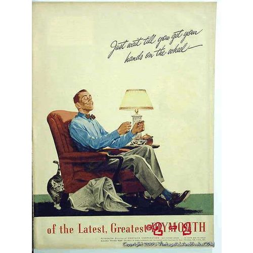 PLYMOUTH 1945 dad recliner cat Chrysler car vintage ad