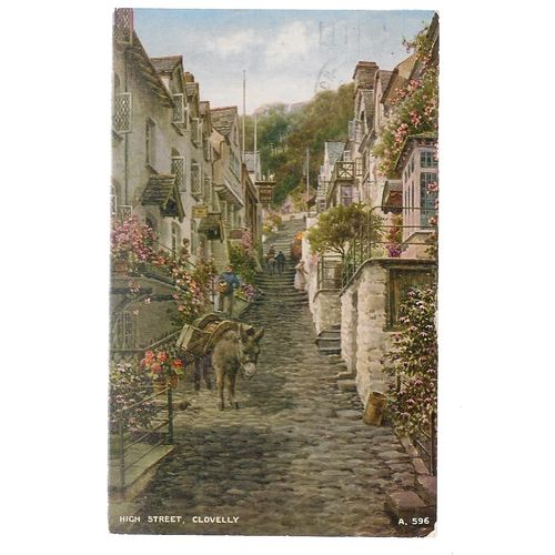 HIGH STREET, CLOVELLY, DEVON used vintage postcard by Valentine 1966 postmark =
