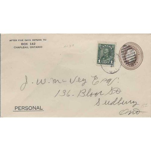 Canada #EN30 Postal Envelope USED 1931 Chapleau ONT Admiral