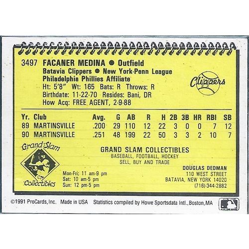 1991 ProCards Classics Minor League Batavia Clippers Facaner Medina 3497