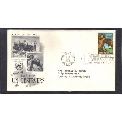 FDC Art Craft 160 15c UN Observers (Cachet-Typed/A) CV41306