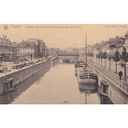 Tournai L'Escaut quai Marche aux Poissons St Brice Boats Belgium Postcard
