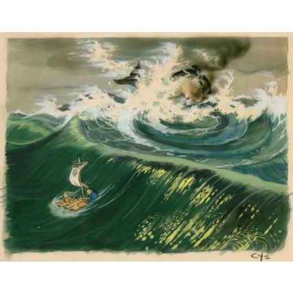 Pinocchio & Geppetto Escaping Ship Disney Film Painting Postcard