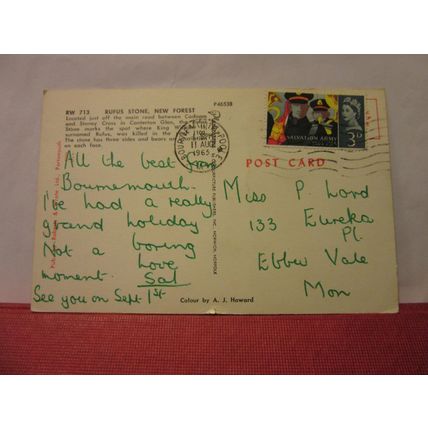 THE RUFUS STONE, NEW FOREST, HAMPSHIRE used vintage postcard 1965 pm =