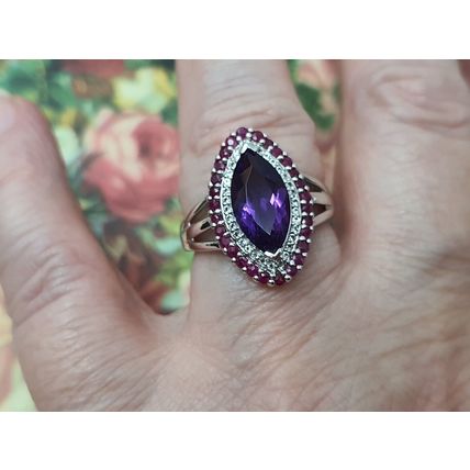 3.7ct Amethyst Burmese Ruby White Topaz Ring Size P½ Rhodium Overlay 925 Silver