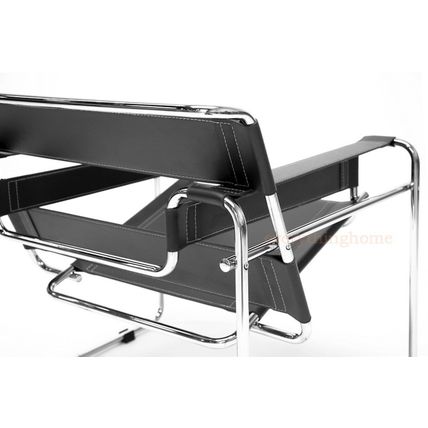 Black Faux Leather Strap and Chrome Bent Steel Tube Accent Lounge Chair
