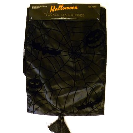 HALLOWEEN TABLE RUNNER BLACK SATIN w FLOCKED BLACK SPIDERWEB 13x72