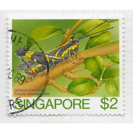SINGAPORE 1985 INSECTS GRASS HOPPER $2 BOTH PRINTINGS USED