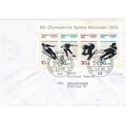 GERMANY DEUTSCHE BUNDESPOST 1971 OLYMPIC GAMES SAPPORO MINISHEET 3 x FDC