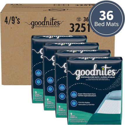 Goodnites Disposable Bed Pads/Bed Mats for Bedwetting, 2.4 X 2.8 Ft, 36 Ct (4 Pa