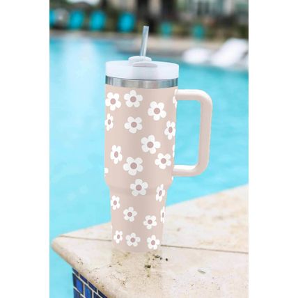 Parchment Floret Print Stainless Tumbler With Lid And Straw