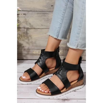 Black Crisscross Detail Hollowed Leather Gladiator Sandals
