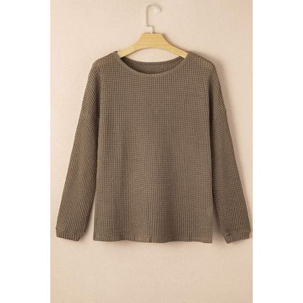Dark Brown Waffle Knit Drop Shoulder Long Sleeve Top