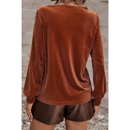 Chestnut Half Zip V Neck Ribbed Velvet Top