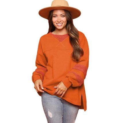 Carrot Fleece Patchwork Side Slits High Low Sweatshirt