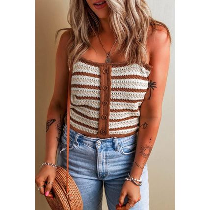 Chestnut Striped Buttoned Cropped Knitted Vest