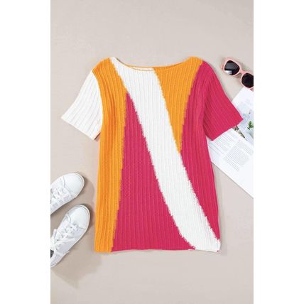 Orange Textured Knit Colorblock Short Sleeve Sweater