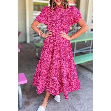 Rose Red Flower Mock Neck Puff Sleeve Tiered Maxi Dress
