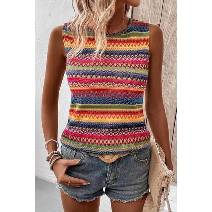 Yellow Ethnic Wavy Pattern Round Neck Sleeveless Top