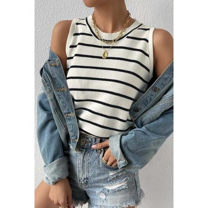 White Striped Round Neck Sweater Vest