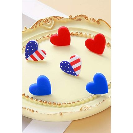 Fiery Red American Flag Print Heart Shape Stud Earrings Set