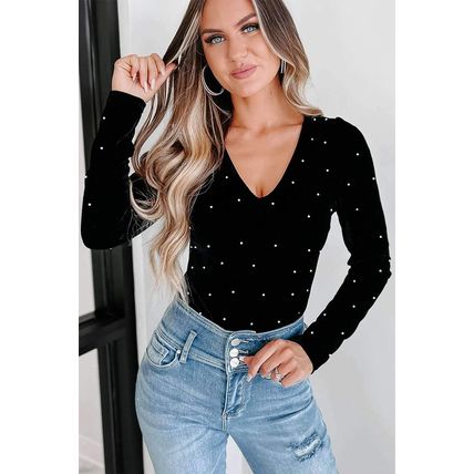Black Velvet Beaded Long Sleeve V Neck Bodysuit