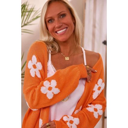 Orange Floral Print Knitted Open Front Loose Cardigan