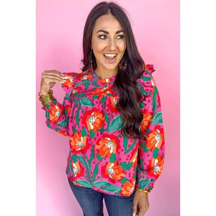 Rose Floral Print Pleated Ruffled O Neck Plus Size Blouse