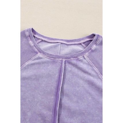 Orchid Petal Solid Waffle Knit Patchwork Raglan Sleeve Sweatshirt