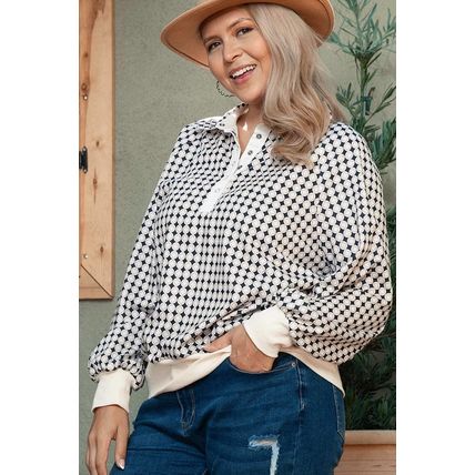 Black Plus Size Two Tone Contrast Collared Pullover Sweatshirt