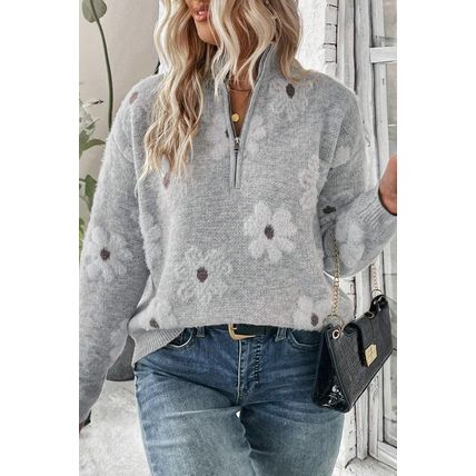 Gray Plus Size Embroidered Floral Pattern Half Zip Sweater