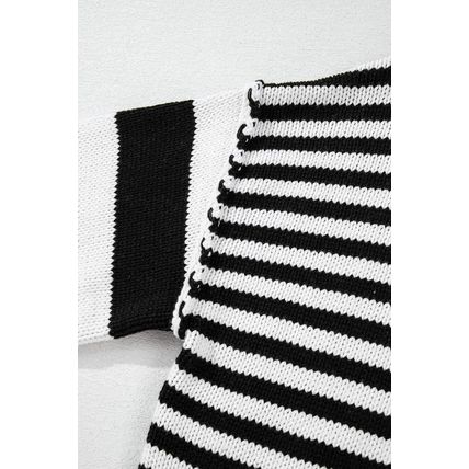 Black white Striped Drop Shoulder Bishop Sleeve Knit Sweater