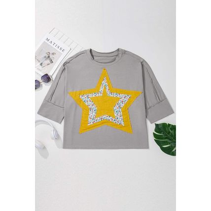 Medium Grey Floral Star Patched Pattern 3/4 Sleeve Plus Size Top