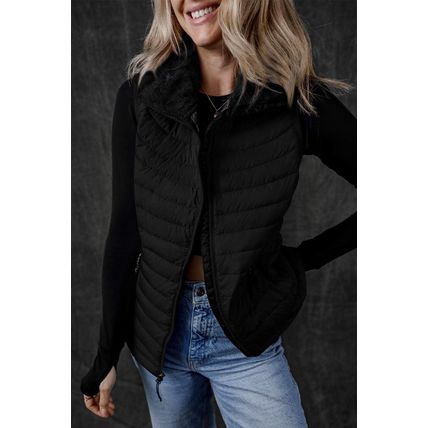 Black Plush Collared Quilted Zipped Puffer Vest