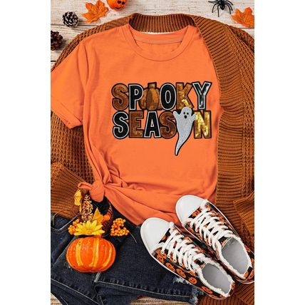 Orange Sequin SPOOKY SEASON Ghost Pattern Halloween T Shirt