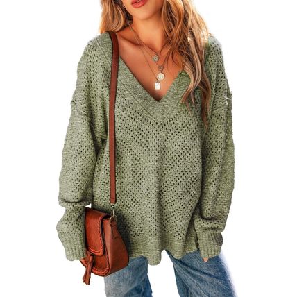 Jungle Green Loose Eyelet V Neck Drop Shoulder Sweater