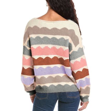 Gray Wave Striped Balloon Sleeve Drop Shoulder Sweater