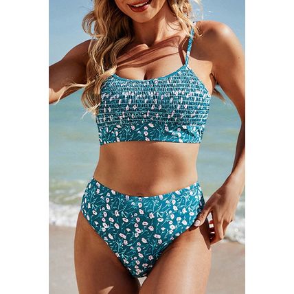 Blue Floral Print Smocked Cute Bikini Set