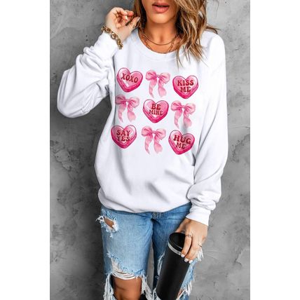 White Valentine Candy Heart & Bow Graphic Sweatshirt