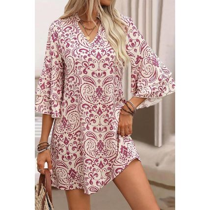 Pink Paisley Print Tiered 3/4 Sleeve Notched Neck Mini Dress