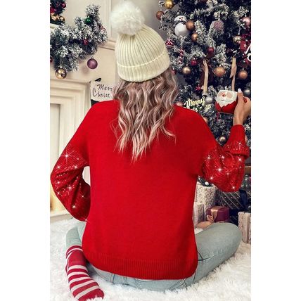 Racing Red Merry Graphic Sequin Sleeves Christmas Turtleneck Sweater