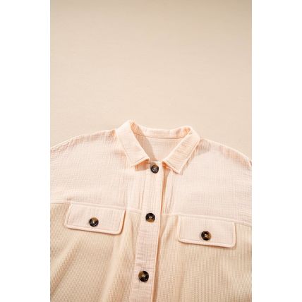 Beige Waffle Splicing Short Batwing Sleeve Flap Detail Shirt