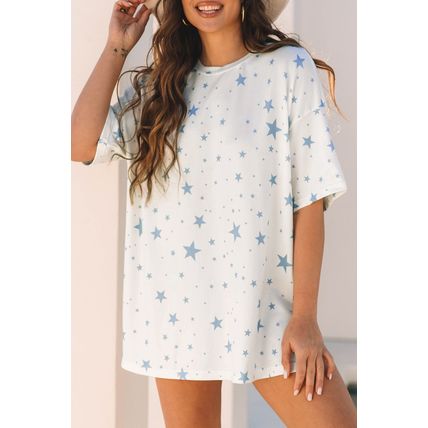 Sky Blue Stars Print Drop Shoulder Oversized T Shirt with Slits