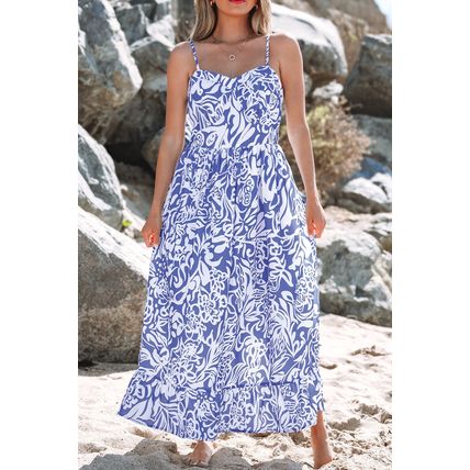 Sky Blue Floral Print Spaghetti Strap High Waist Maxi Dress