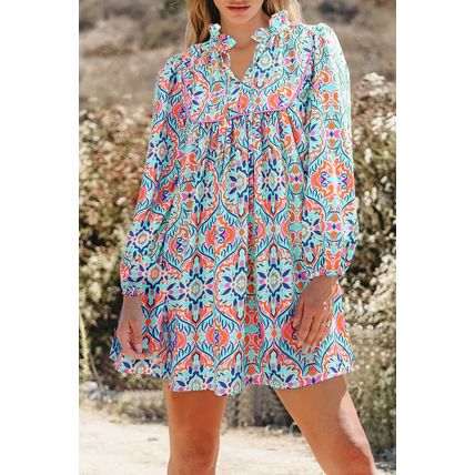 Sky Blue Abstract Printed Long Sleeve Tied Neckline Mini Dress