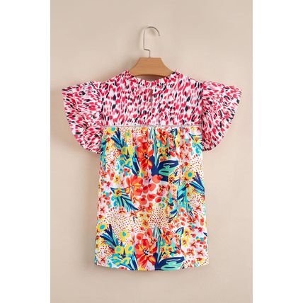 Red Floral Mixed Print Ruffle Cap Sleeve Blouse